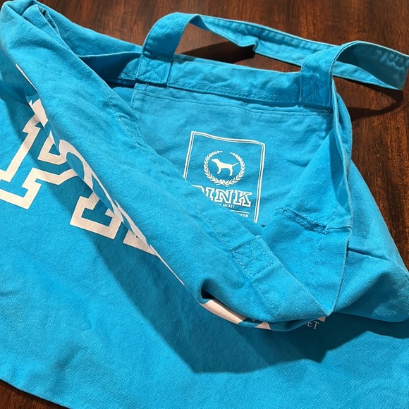 PINK Victoria Secret LOVE PINK Canvas Tote Beach Style Blue Shoulder Bag - Picture 6 of 13